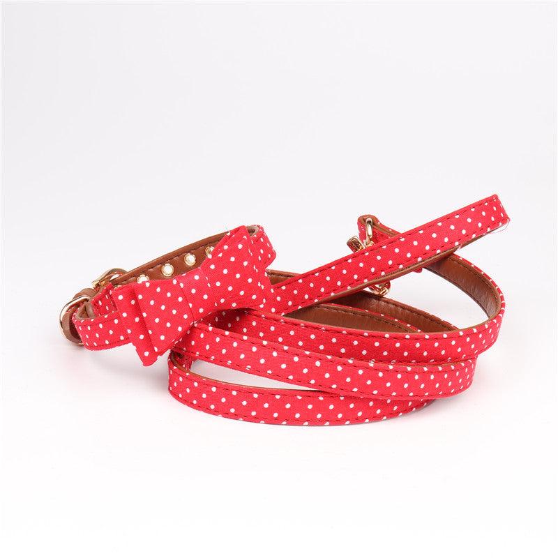 Polka Dot Pet Fashion Set: Triangle Scarf Collar, Bowknot Collar, And Leash