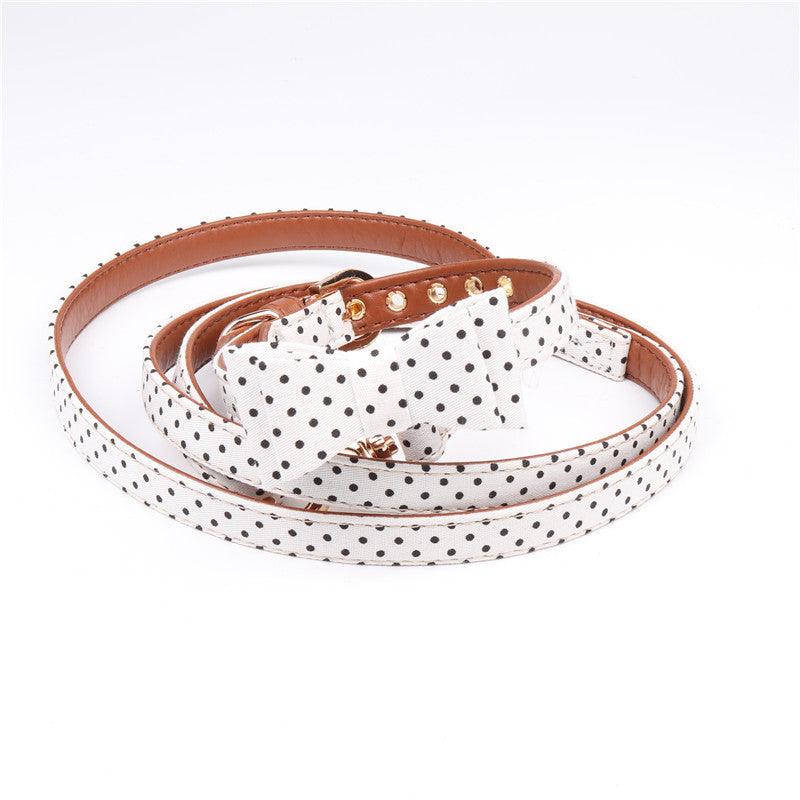 Polka Dot Pet Fashion Set: Triangle Scarf Collar, Bowknot Collar, And Leash