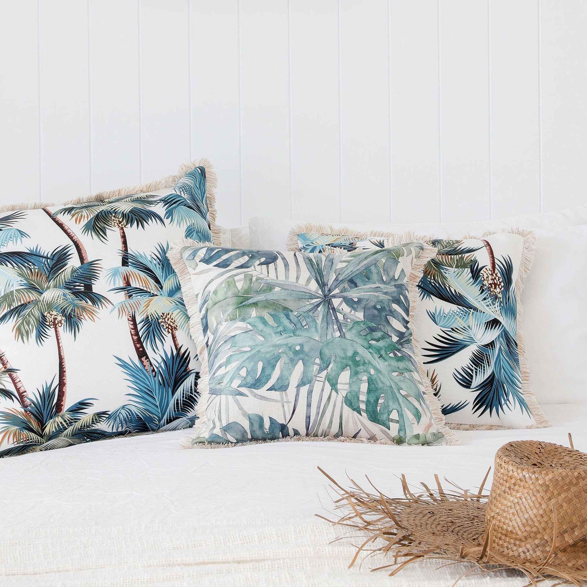 NNEDSZ Cushion Cover-Coastal Fringe Natural-Palm Trees White-60cm x 60cm