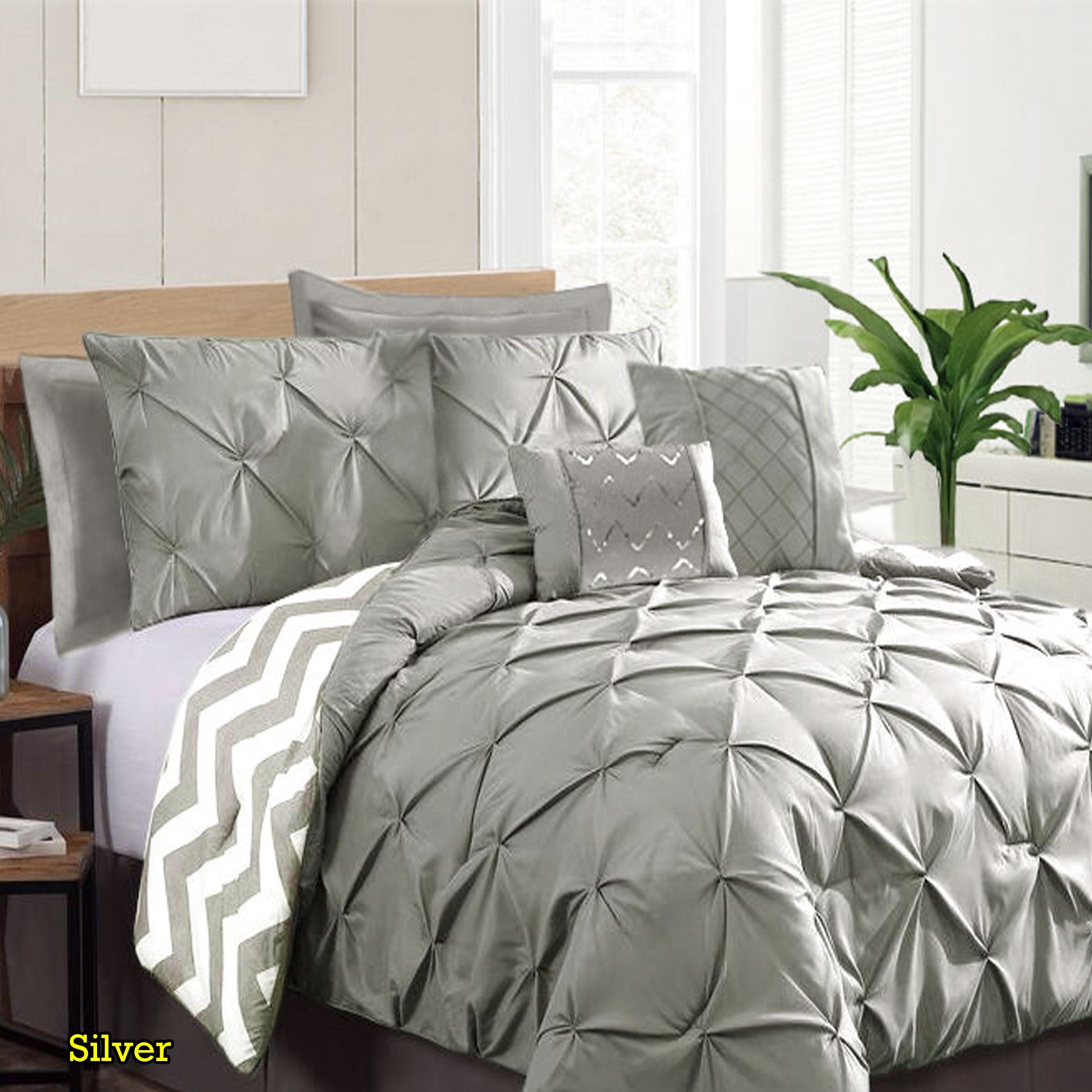 NNEDSZ 7 Piece Pinch Pleat Comforter Set Silver King